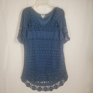 One World Womens Blue Crochet Knit Top Blouse Off  Sleeve Scalloped Hi-low Hem L